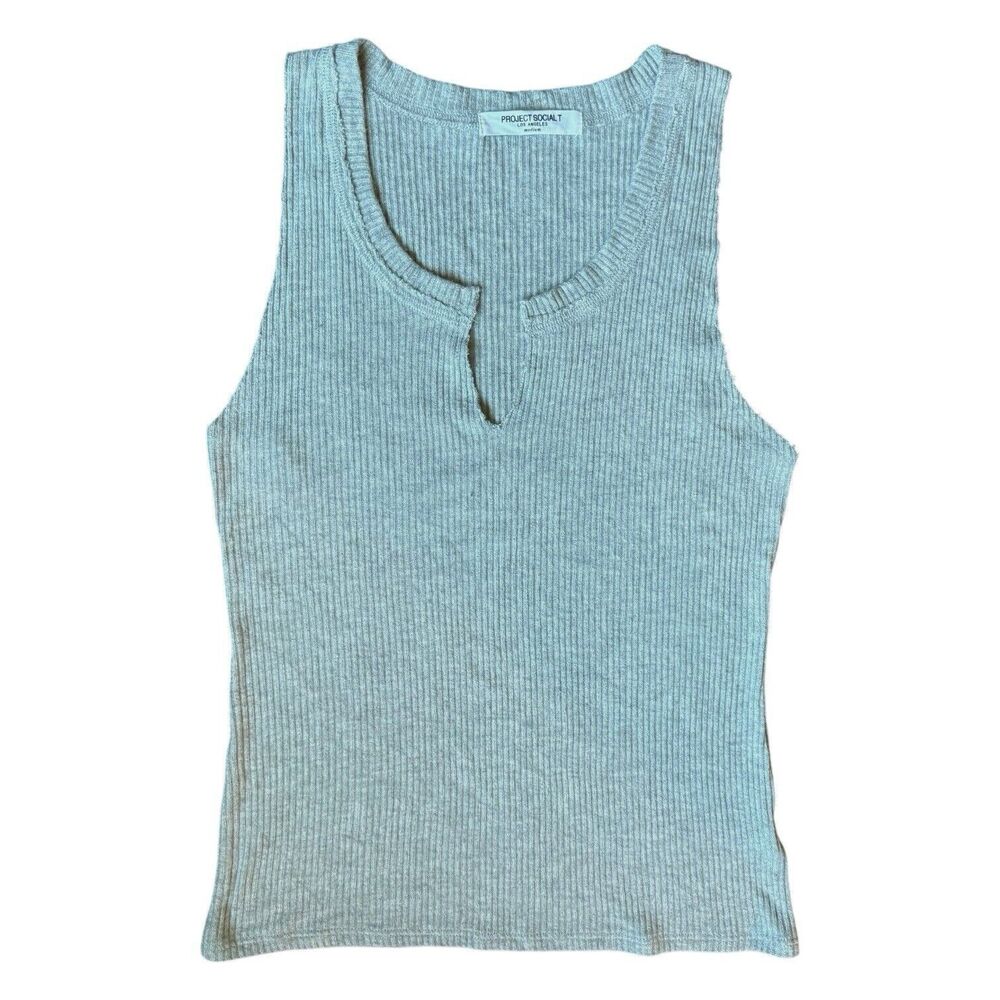 PROJECT SOCIAL T  Women's Gray Ribbed Tank Top Soft Stretch Size M Notch Neck